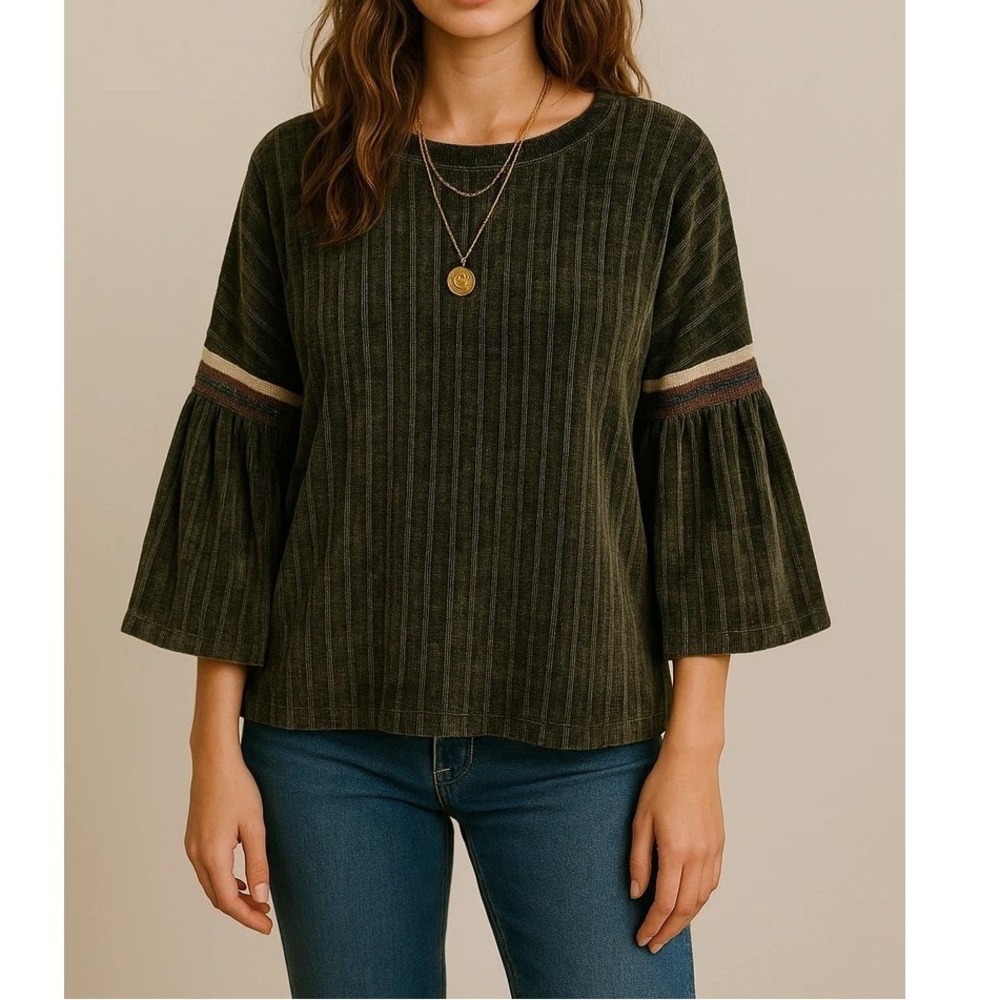 THML Women Chenile Knit Sweater XS Green Boho Western Ribbed Bell Sleeve Preppy